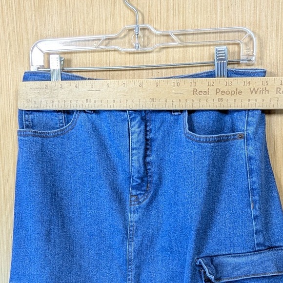 Scoop Midi Skirt Womens‎ 4 Blue Denim Cargo Slit Frayed Streetwear Y2K Skater - Picture 6 of 8